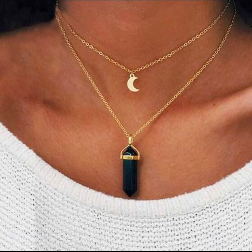 Black Quartz Moon Double Layer Necklace